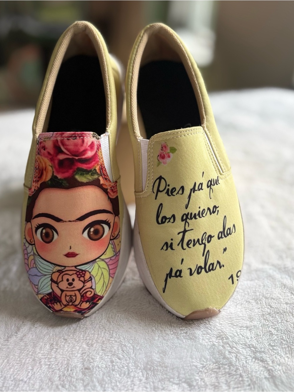 Women’s Yellow Slip-On Sneakers with Frida-Inspired Graphic